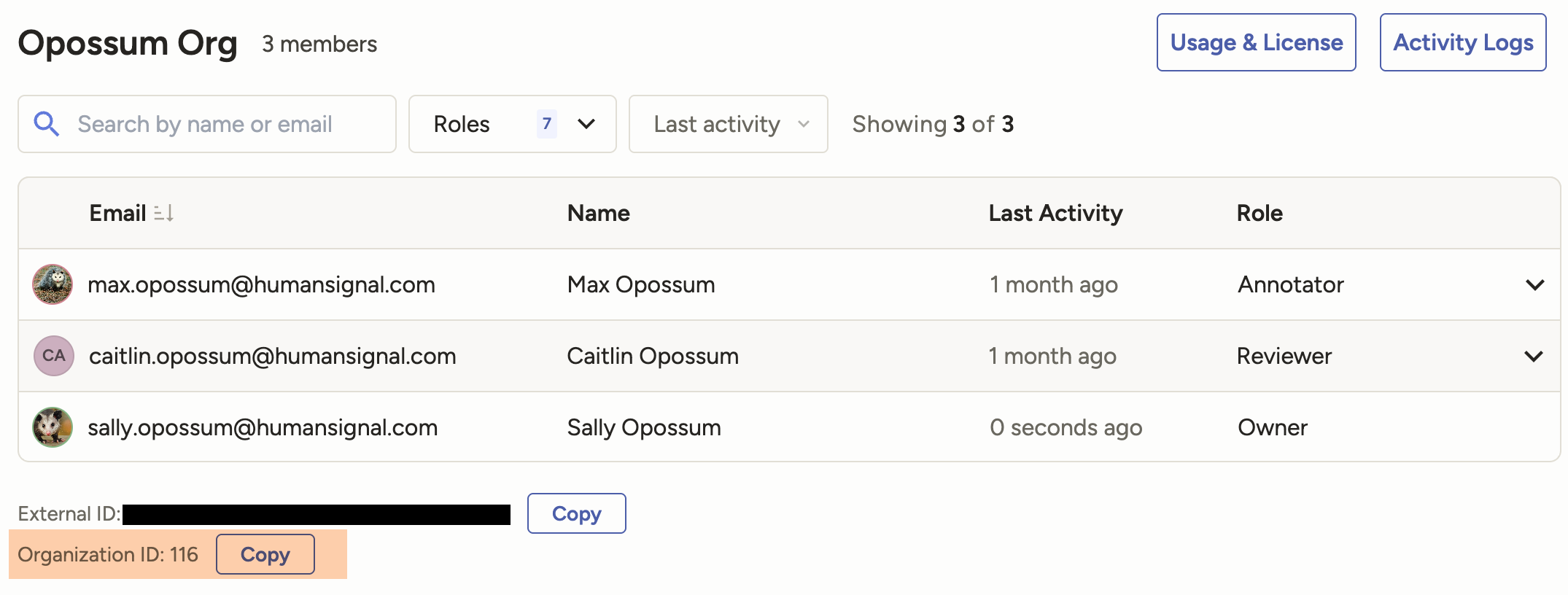 Screenshot of org id