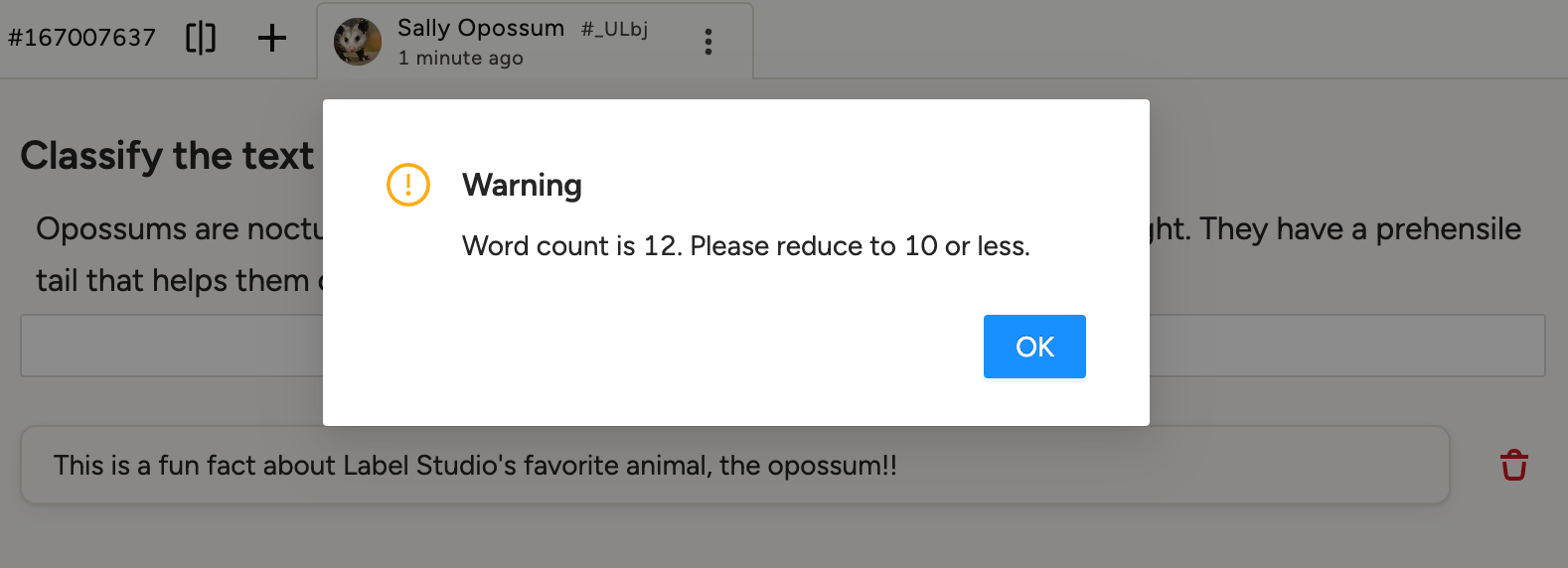 Screenshot of warning